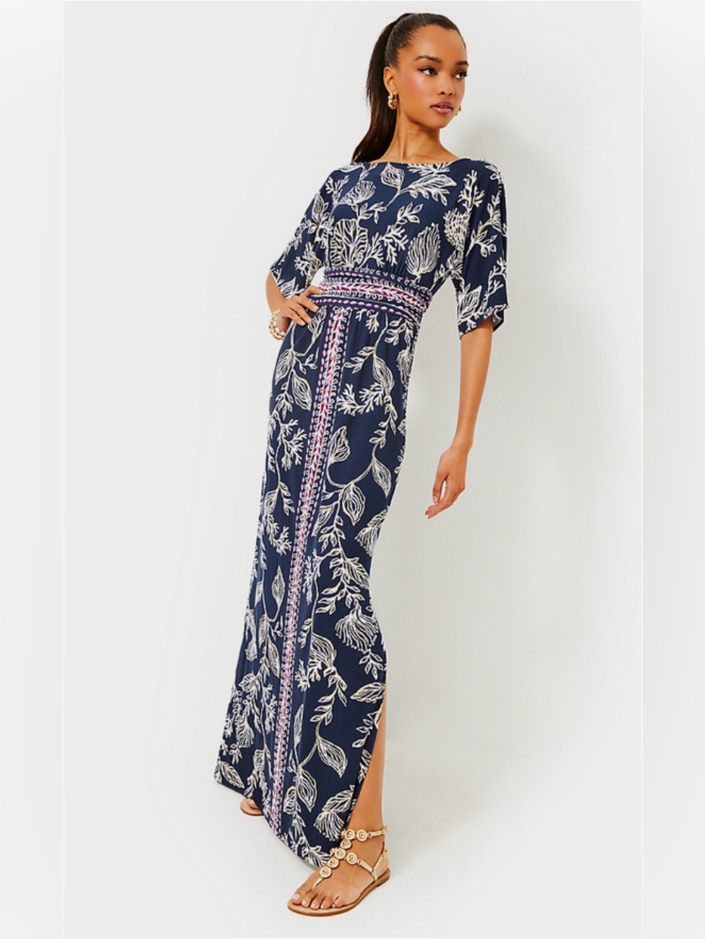 Lilly Pulitzer Parigi Maxi Dress Navy Botanical Floral Pink Size M